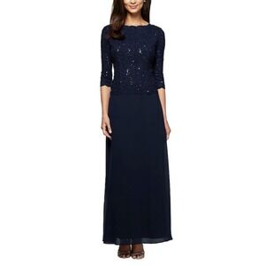 Alex Evenings Sequin Lace Bodice & Chiffon Skirt Navy Size 6 Mother Of‎ Bride